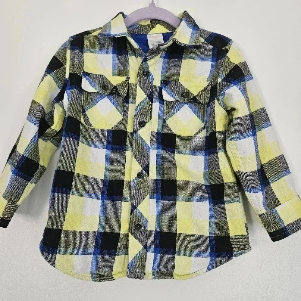 Gymboree Boys Plaid Flannel Shirt Yellow Blue‎ Black Long Sleeve Size 2T